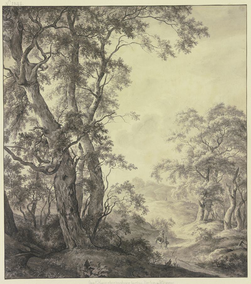 Oil painting by Franciscus Andreas Milatz depicting a path through trees leading to a hill.