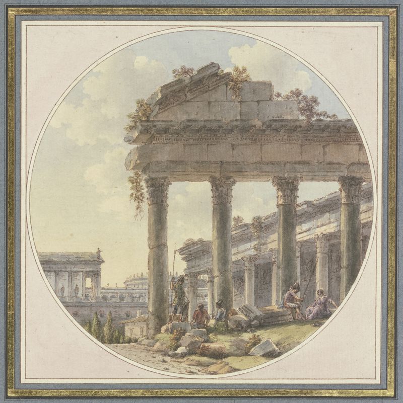 Watercolour by Victor-Jean Nicolle depicting ancient ruins and figures.
