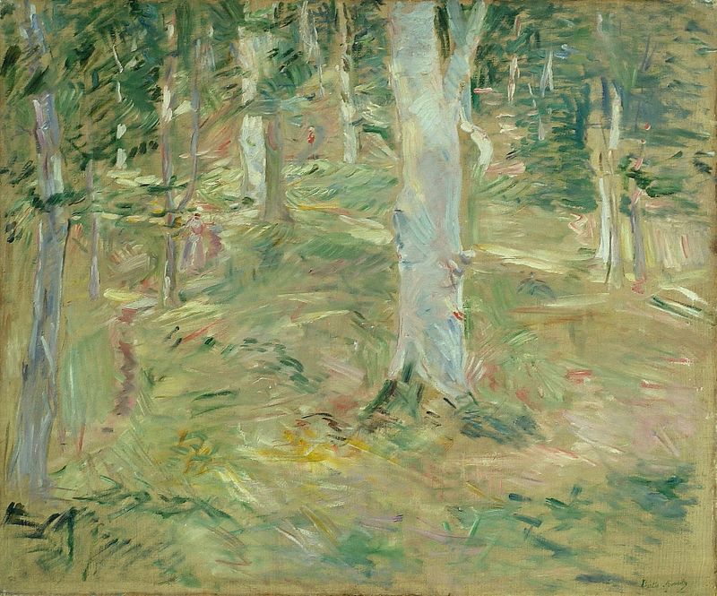 Forêt de Compiègne, oil on canvas by Berthe Morisot, depicting a tranquil forest with dappled light.