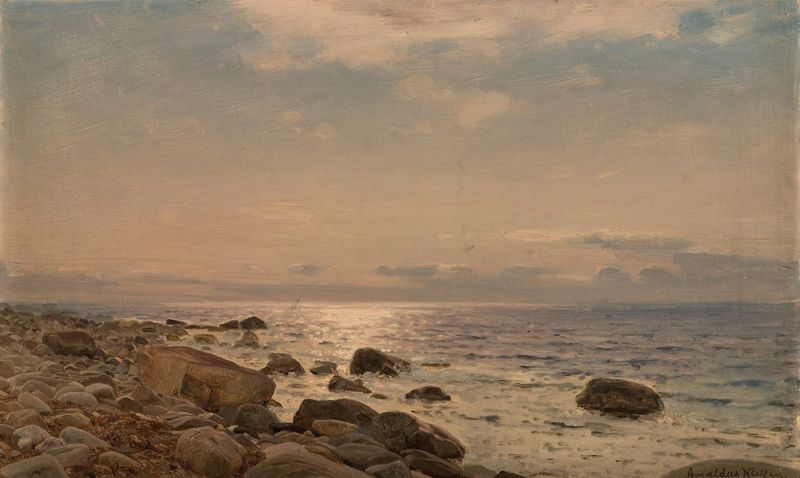 Paisagem de colinas onduladas em verdes e marrons suaves, óleo sobre tela de Amaldus Nielsen