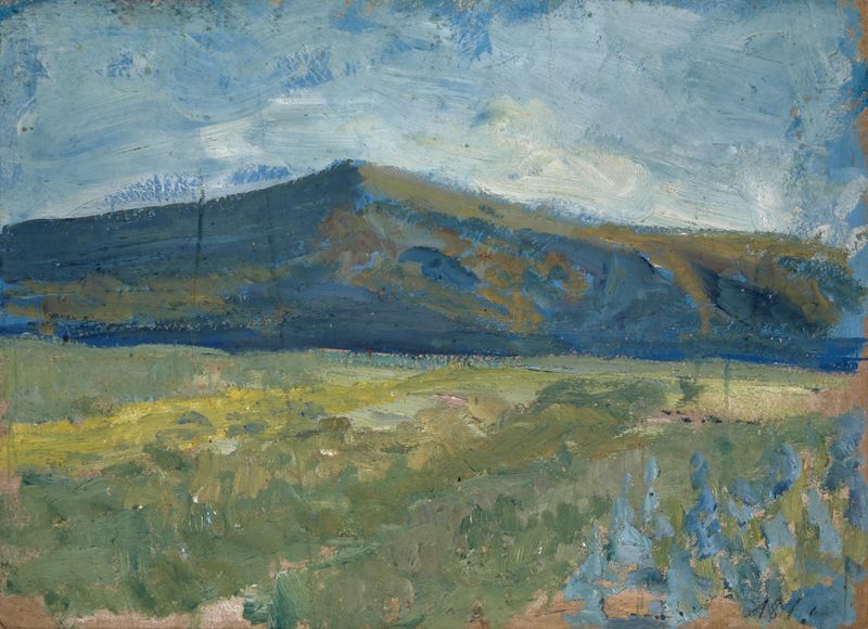 Paisaje que representa una montaña con tonos terrosos de Ernst Schiess, medio desconocido.