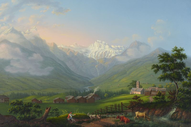 Vista de paisaje con montañas y valles, pintura al óleo de Johann Heinrich Bleuler the Younger