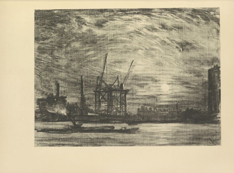 Sunset over Waterloo de Joseph Pennell, pintura a óleo que retrata uma paisagem ao entardecer.