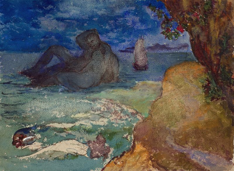 Embracing couple in a seascape, oil on canvas by Félix Bracquemond