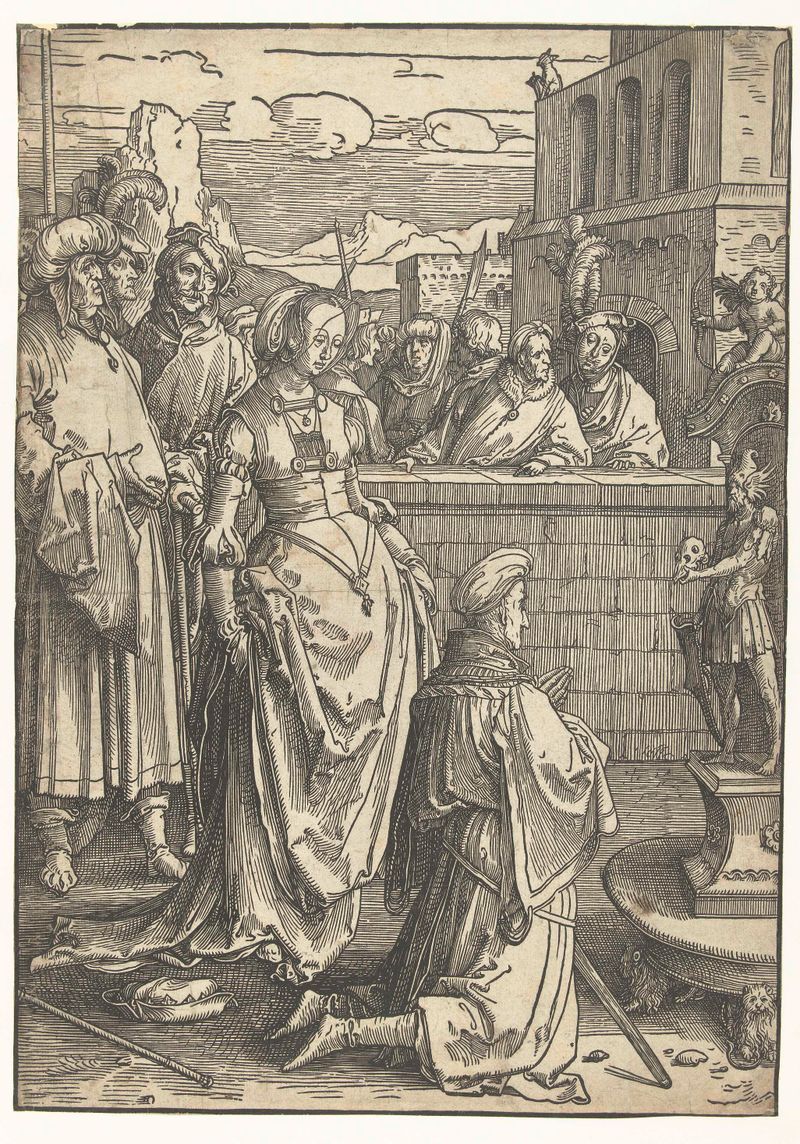 Escena religiosa con figuras en espiral, grabado de Lucas van Leyden