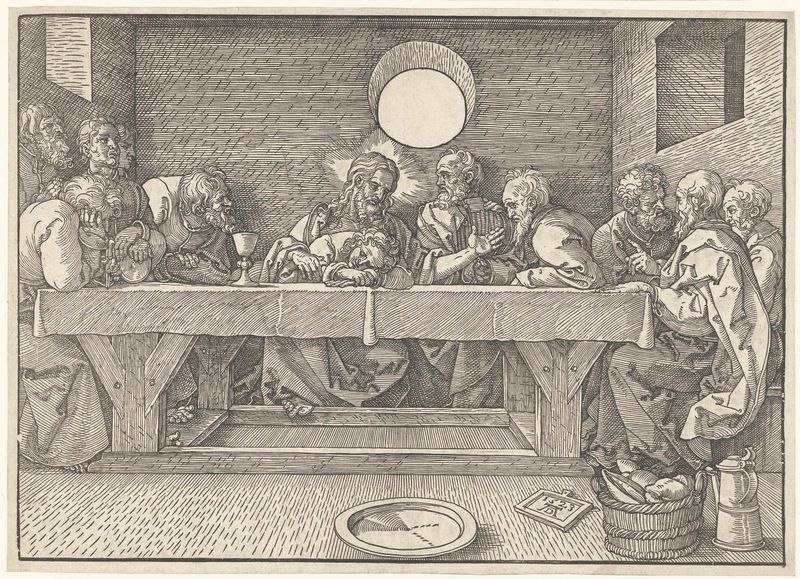 Laatste Avondmaal, gravura de Albrecht Dürer, retratando figuras em torno de uma mesa com pão e vinho.
