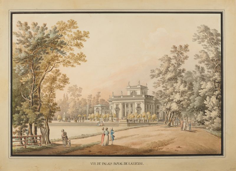 Landscape of Łazienki Park by Zygmunt Vogel, oil on canvas, featuring trees and sunset.