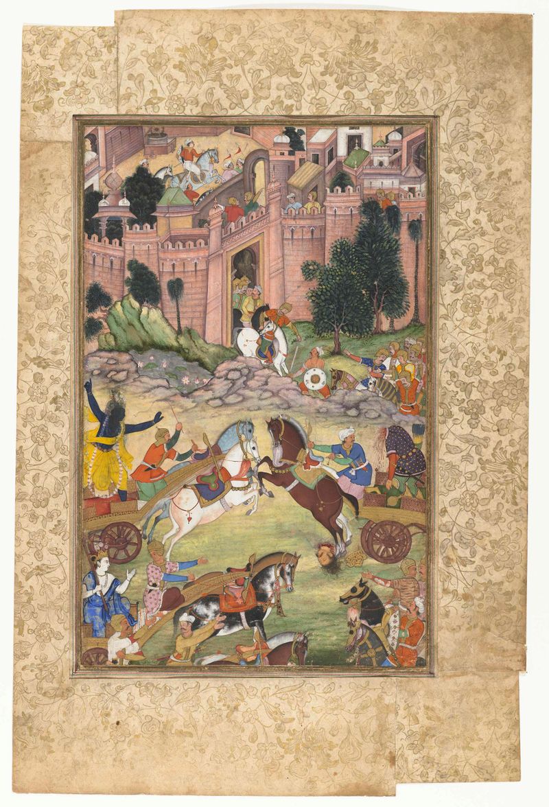 Obra de estilo Mughal que representa a Krishna enfrentando al demonio Sri Gala de Unknown Artist