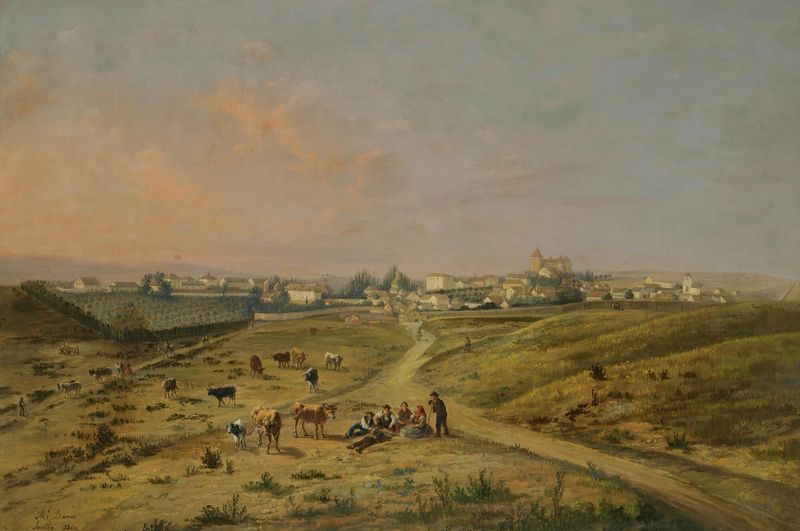 Paisagem Andaluz de Manuel Barrón y Carrillo, pintura a óleo que retrata o pôr do sol sobre colinas e oliveiras.