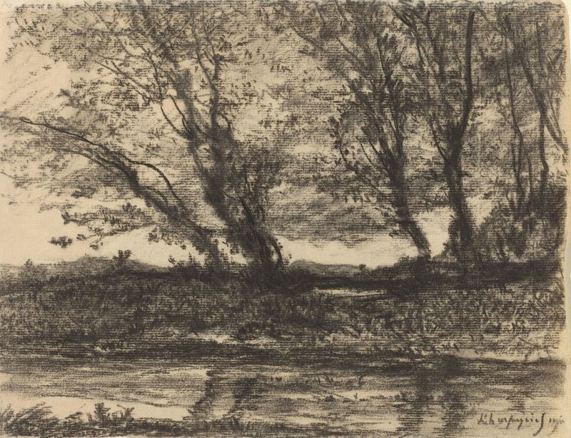 Landscape de Henri-Joseph Harpignies, óleo sobre tela, retratando um horizonte tranquilo e nuvens suaves.