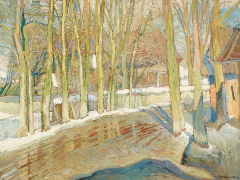 Landscape with melting snow and morning light by Stanisław Kamocki, oil on canvas