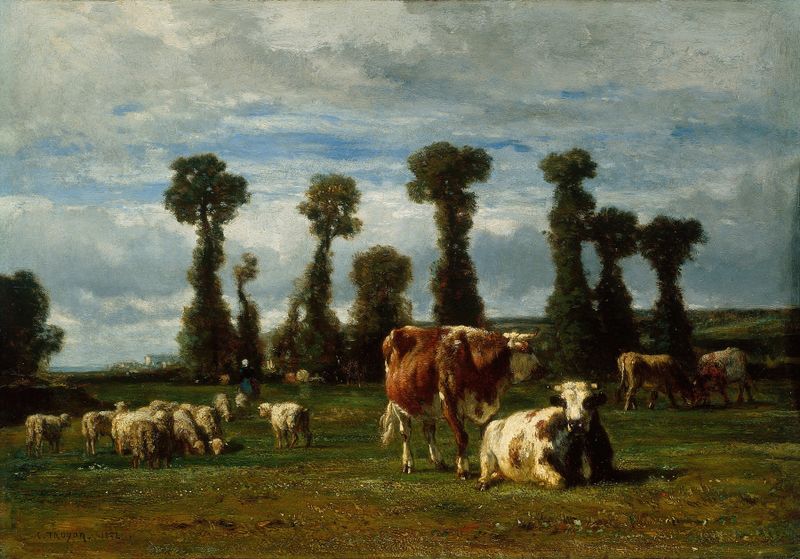 Pasture in Normandy, oil on canvas by Constant Troyon, depicting a lush landscape with golden light.