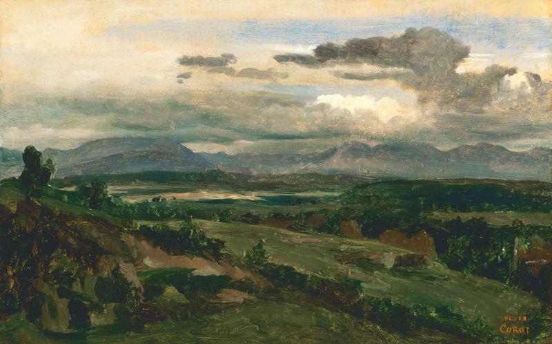 Paisagem de Jean-Baptiste-Camille Corot, pintura a óleo com colinas e nuvens serenas