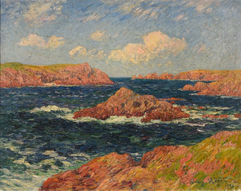 L’Ile de Kerellec by Henry Moret, depicting a serene coastline in an oil painting.