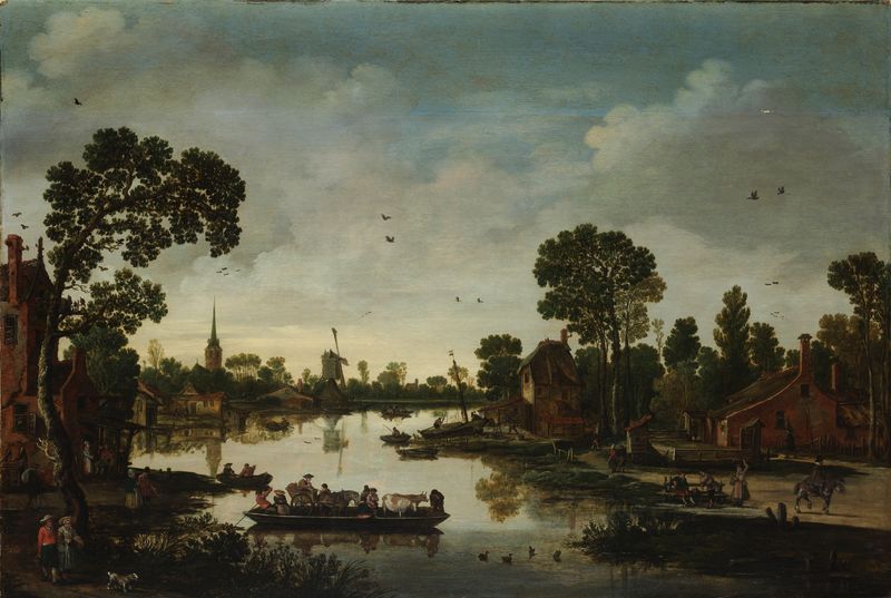Oil painting by Esaias van de Velde featuring a river and figures at dusk.