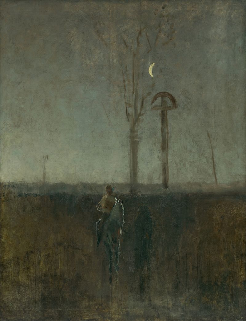 Landscape with rider de Ladislav Mednyánszky, pintura a óleo com um cavaleiro solitário na natureza.