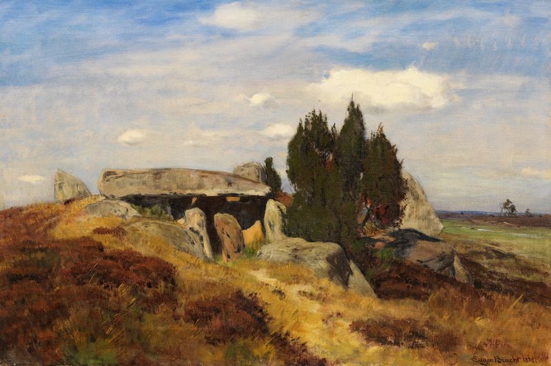 Hünengrab in der Heide by Eugen Bracht, oil painting depicting a burial mound at dawn.