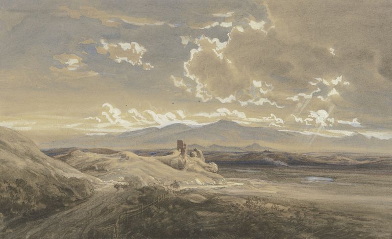 Landscape oil painting by Eduard Wilhelm Pose featuring hills and ancient ruins.