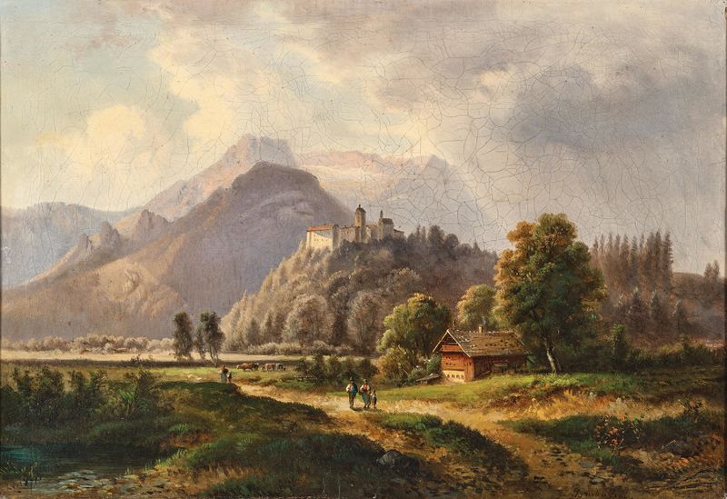 A view of Glanegg Castle ruins, oil on canvas by Gustav Barbarini