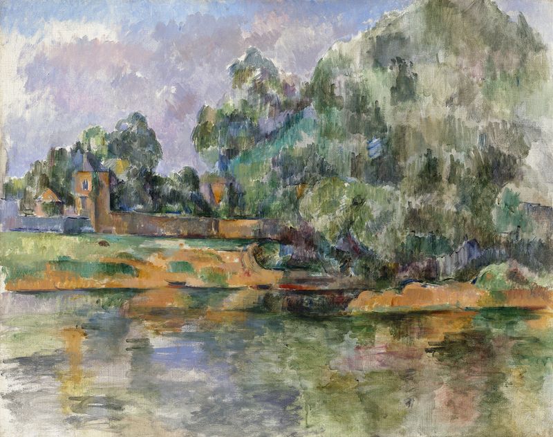 Banks of the Seine at Médan de Paul Cezanne, pintura a óleo que retrata uma paisagem fluvial com árvores e luz.