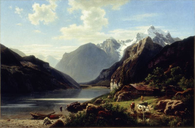 Evening at the Lake Shore, óleo sobre lienzo de John Robinson Tait, que representa un paisaje sereno de lago.