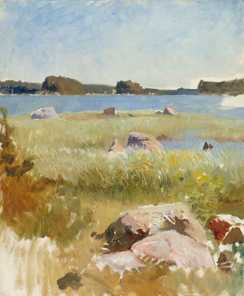 Saaristomaisema; keskeneräinen de Albert Edelfelt, óleo sobre lienzo que muestra agua y cielo tranquilos.