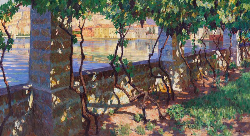 Paisagem de Pergola des Café Paradiso em Torbole de Hans Lietzmann, óleo sobre tela