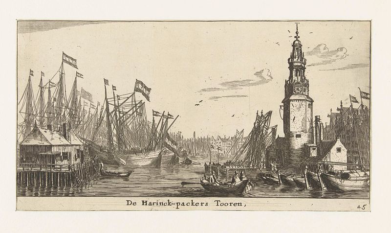 Grabado Haringpakkerstoren de Reinier Nooms que representa una torre histórica y paisaje