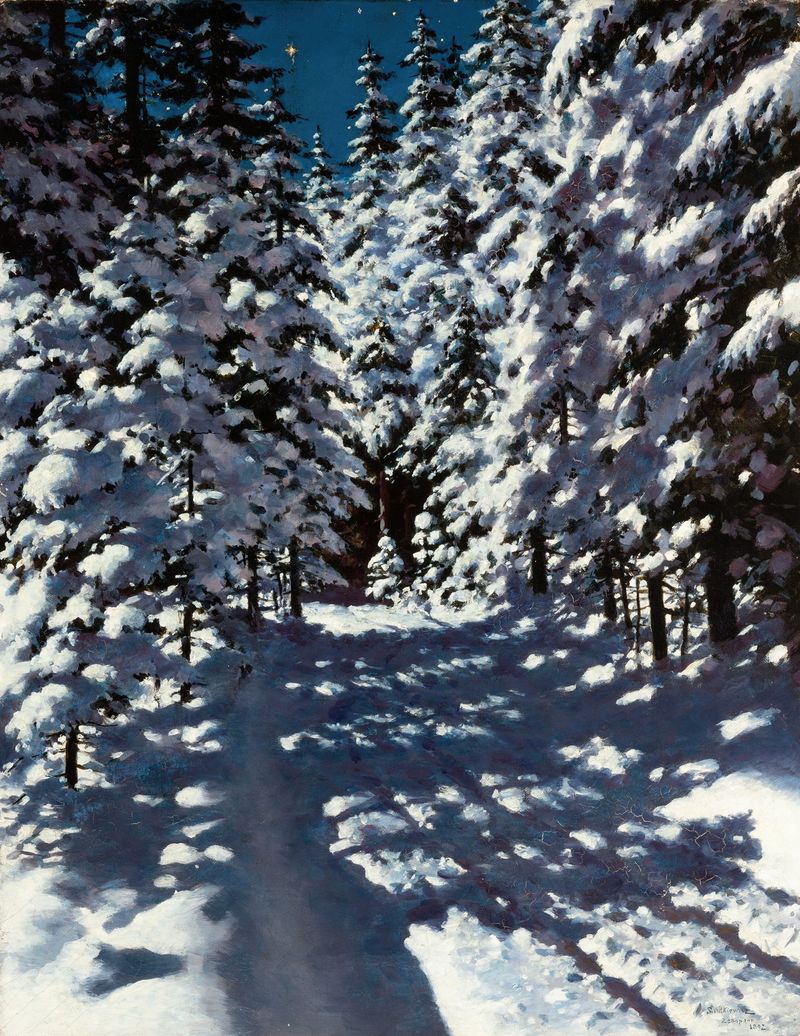 Paisagem florestal de Stanisław Witkiewicz, pintura a óleo que retrata árvores e a interação de luz e sombra.