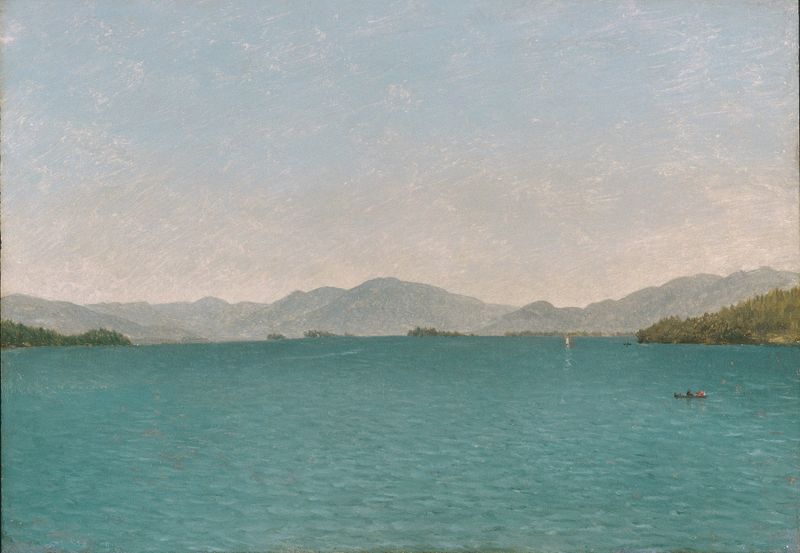Lago George, Estudio Libre de John Frederick Kensett, pintura al óleo que muestra un lago sereno con colinas suaves y nubes.