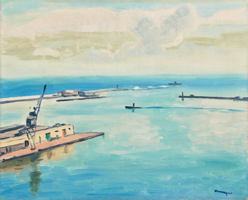 Marine scene with boats and golden light by Albert Marquet, oil painting