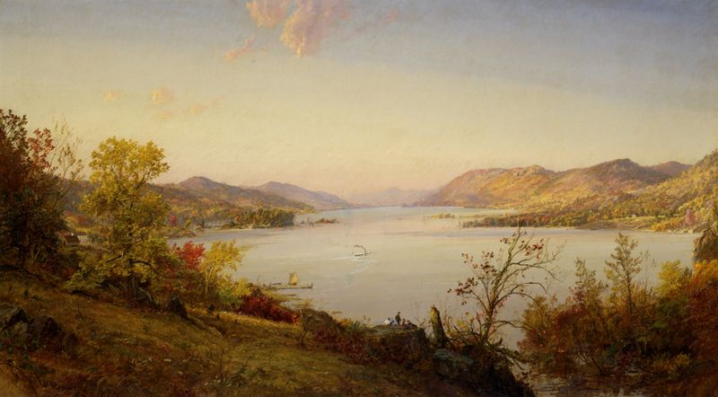 Greenwood Lake de Jasper Francis Cropsey, óleo sobre lienzo, con follaje otoñal y un lago tranquilo