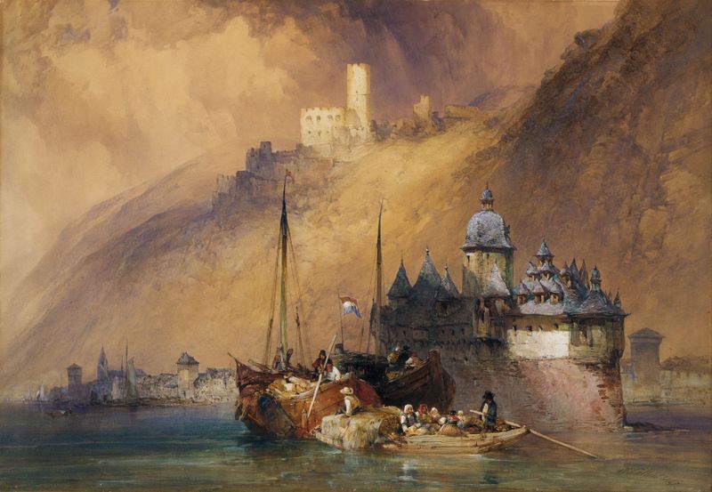 The Phalz Castle on the Rhine by William Callow, oil on canvas depicting a castle beside a river.