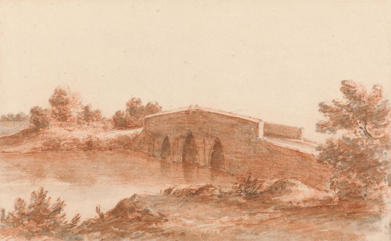 Un puente sobre un arroyo en un paisaje, óleo sobre lienzo de Robert Price