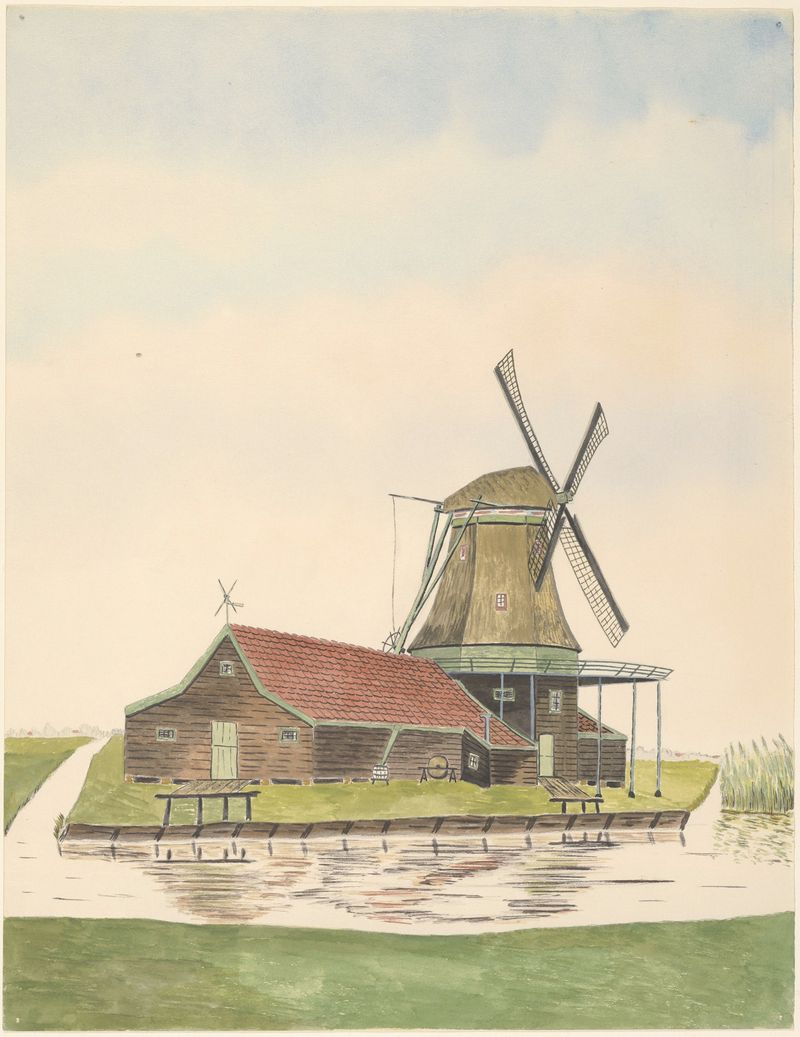 Pintura a óleo de um moinho de vento e paisagem de Johannes Nicolaas Eijman