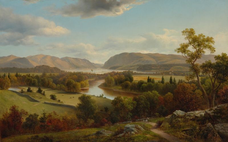 View From New Windsor, Hudson River by David Johnson, oil painting depicting a river landscape at sunset.