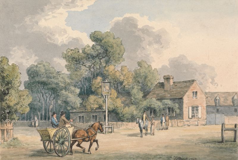The Village Inn by Samuel Howitt, oil on canvas, depicts a quaint inn surrounded by trees at dusk.