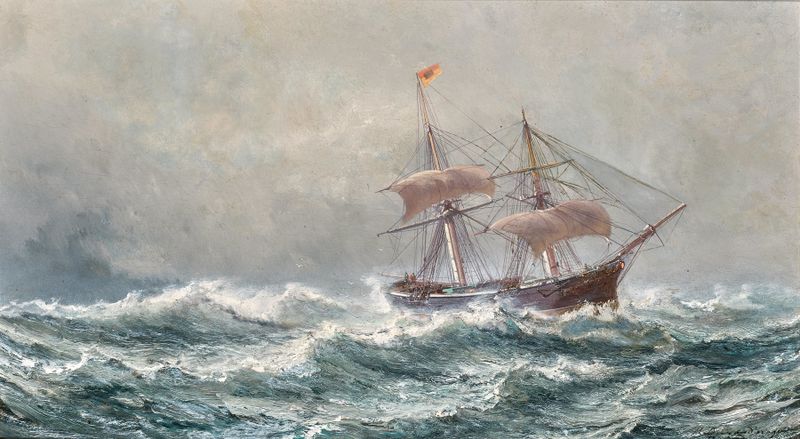 A Two-Master at Sea de Jean-Baptiste-Henri Durand-Brager, óleo de un barco en un océano tempestuoso.