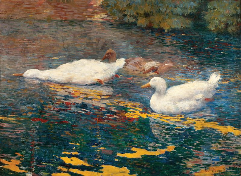 Pintura al óleo impresionista de Eliseu Visconti que muestra patitos en un lago