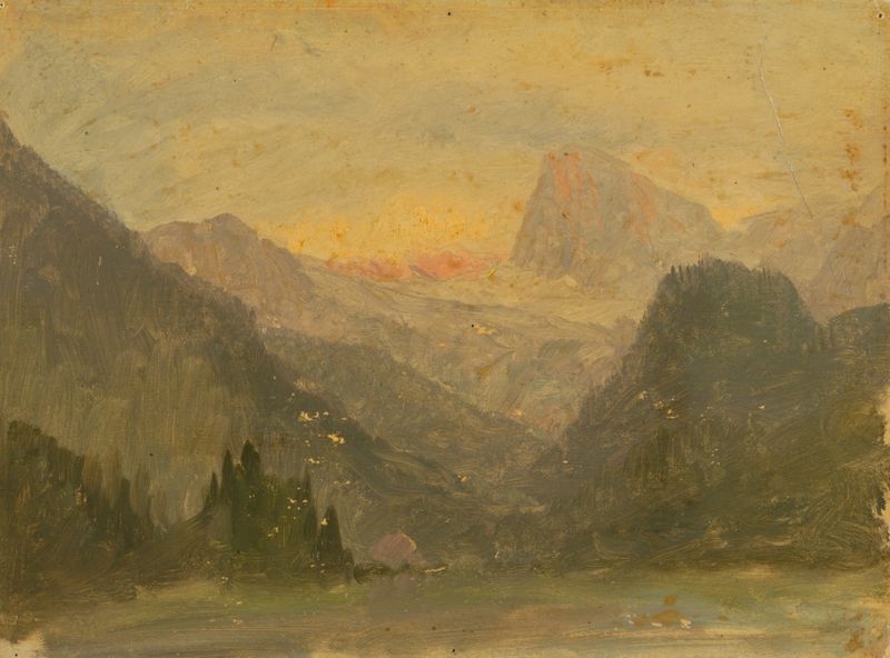 O Watzmann, perto de Berchtesgaden de Frederic Edwin Church, pintura a óleo que retrata montanhas e um céu luminoso