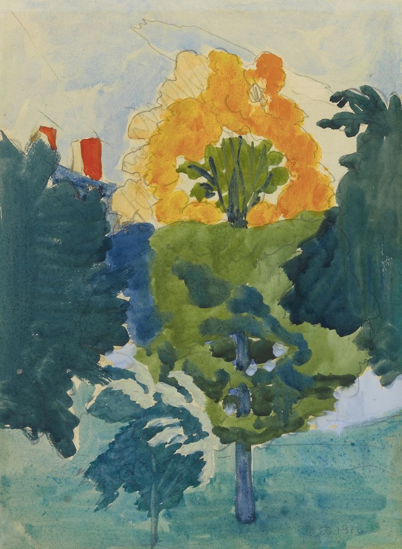 Sunset by Charles Ephraim Burchfield, oil painting depicting a vibrant landscape at dusk.