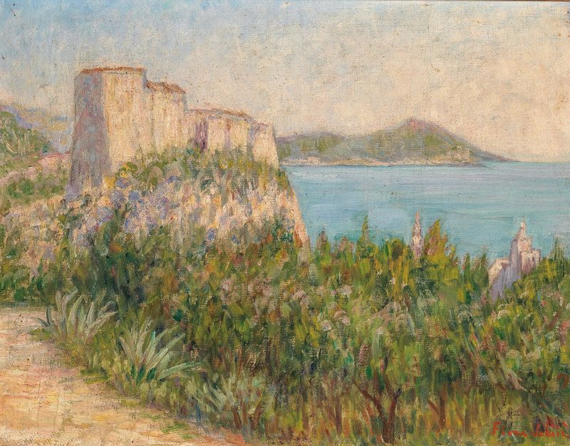 A View of Lovri Jenac Fortress in Dubrovnik de Flora Jaksic, pintura a óleo com uma fortaleza e o mar.