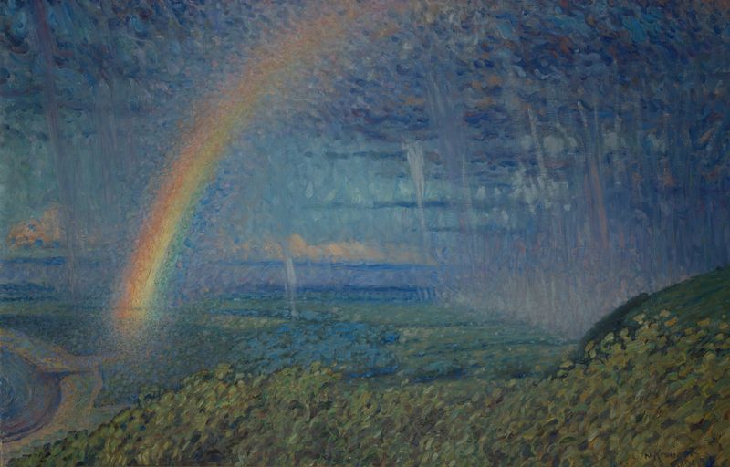 Rainbow de Nils Kreuger, óleo sobre lienzo, presenta un vibrante arcoíris sobre un paisaje apagado.