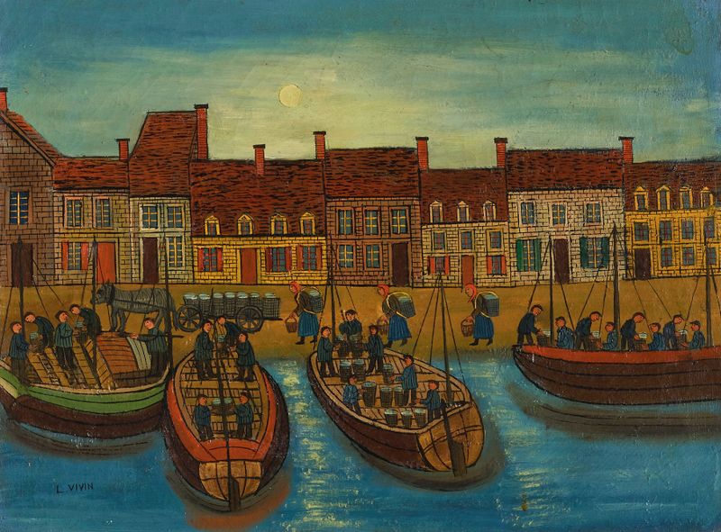 Marine scene with boats at a harbor, oil painting by Louis Vivin