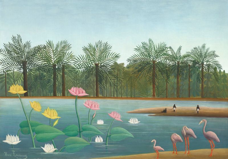 Les Flamants by Henri Rousseau, oil on canvas featuring flamingos among lush green foliage.