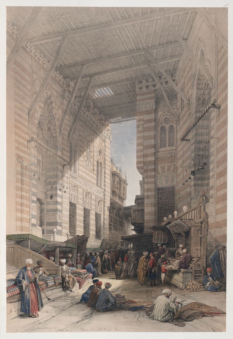 Escena de género de un mercado vibrante en El Cairo, óleo sobre lienzo de David Roberts