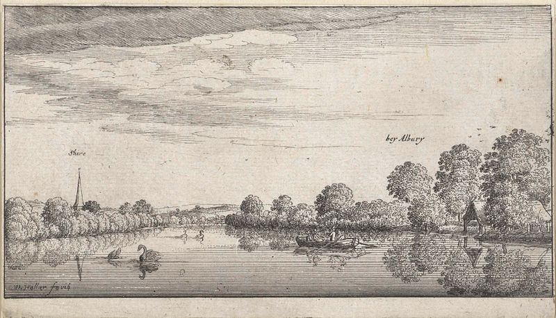 Grabado de Wenceslaus Hollar que representa un sereno paisaje fluvial.