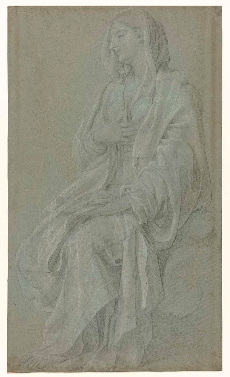 Zittende Madonna de Nicolas Colombel, obra en papel que representa a una Madonna serena con una mirada contemplativa.