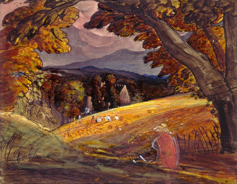 Escena de género que muestra figuras alrededor de un fuego, óleo de Samuel Palmer