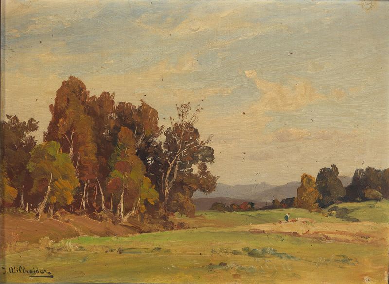 Paisagem de Josef Willroider, pintura a óleo que retrata uma cena natural tranquila.